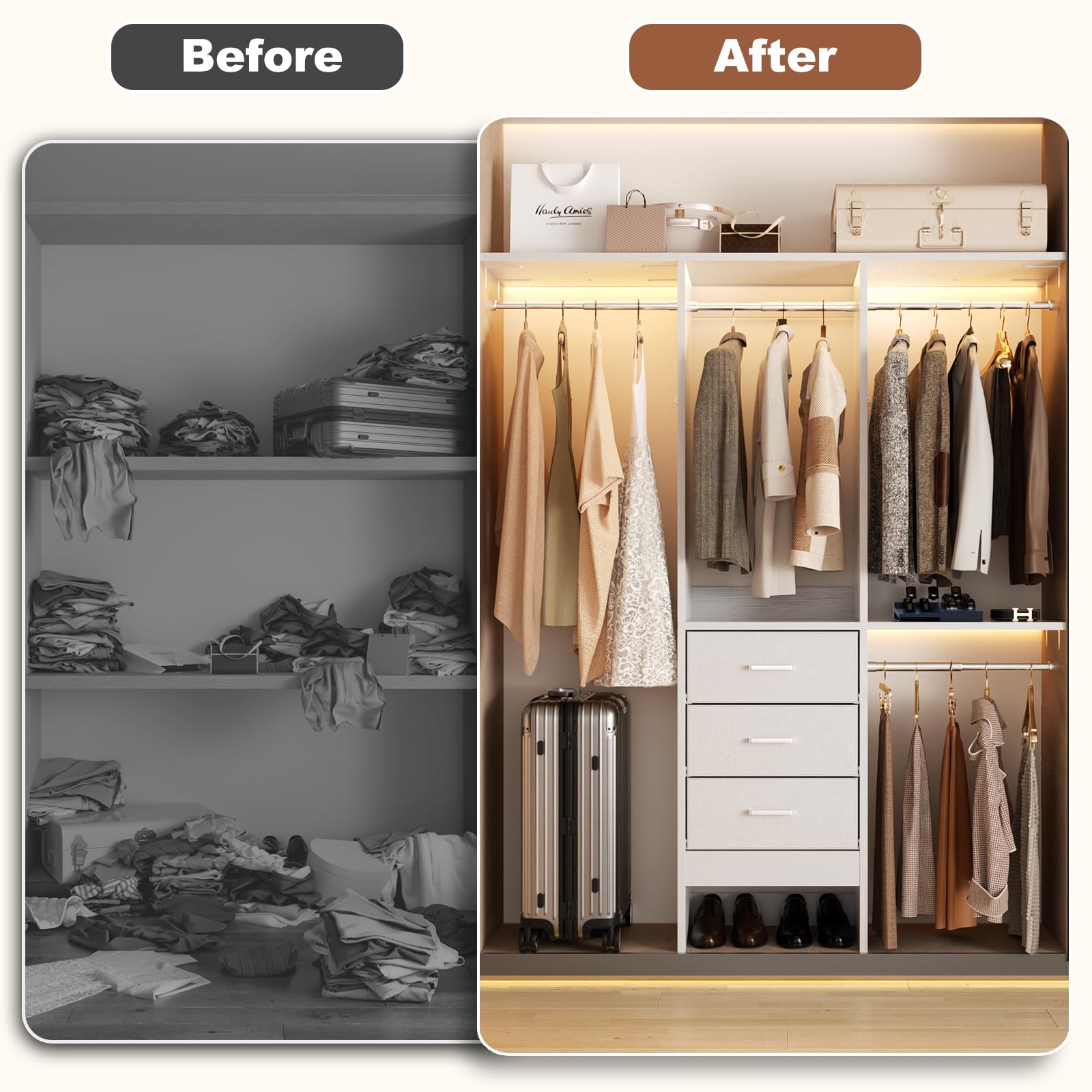 4ft Closet Organizer System with 3 Fabric Drawers and Adjustable Shelves