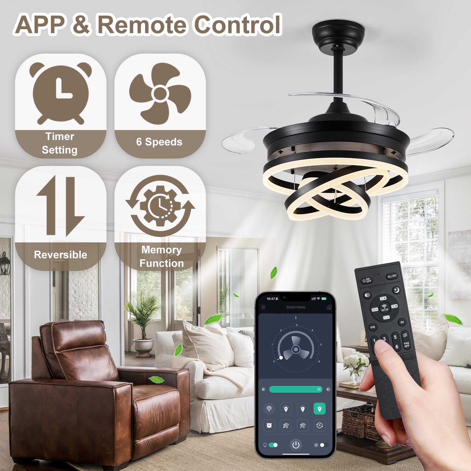42" Retractable Ceiling Fan with LED Light and Remote Control
