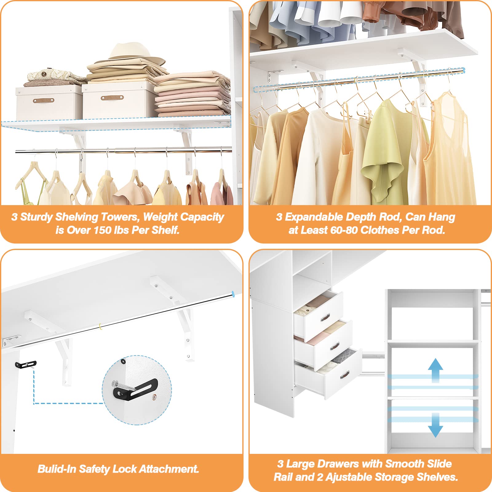 8FT Wall Mount Closet Organizer System with 3 Hanging Rods and Drawers