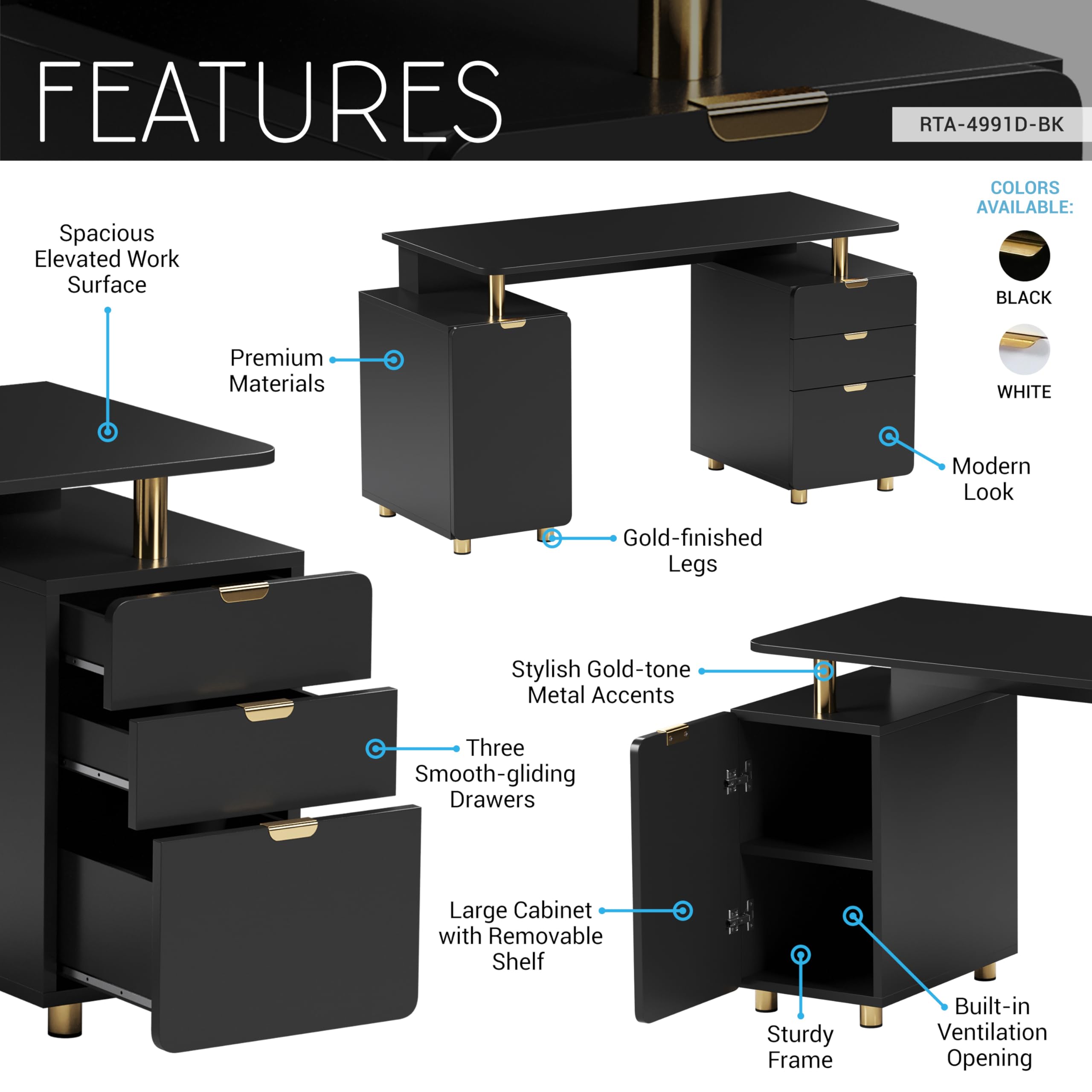 Executive Desk with 3 Drawers and Storage Cabinet