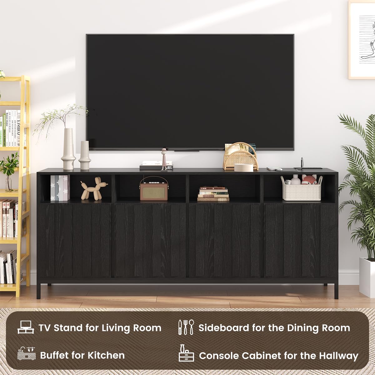 70" Storage Cabinet with Fluted Panel Doors and Power Outlets