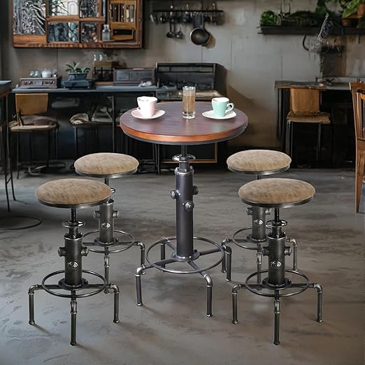 5 Piece Industrial Pub Bar Set with Height Adjustable Table and Stools