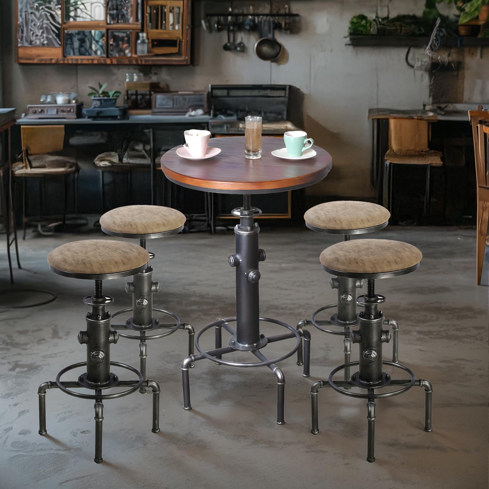 5 Piece Industrial Pub Bar Set with Height Adjustable Table and Stools