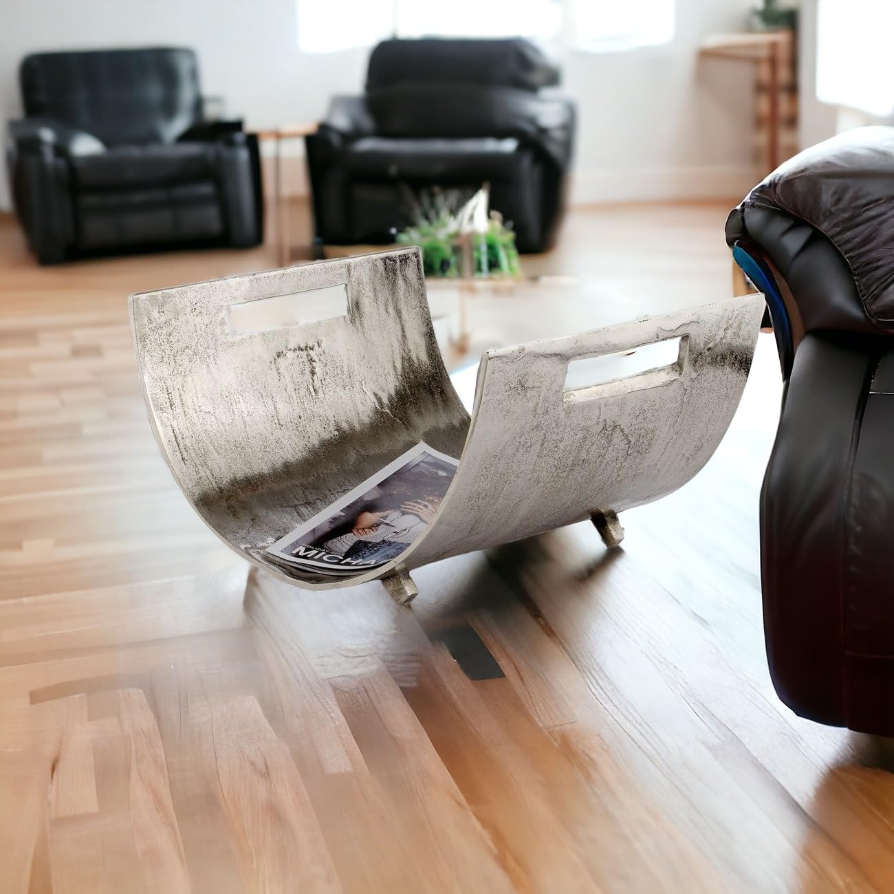 Log Magazine Basket Floor Standing Silver