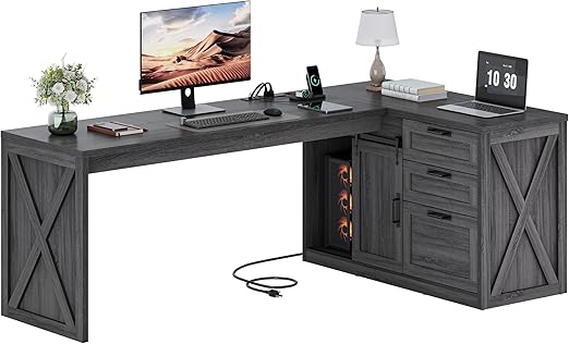 L-Shaped Office Desk with Drawers and Power Outlets
