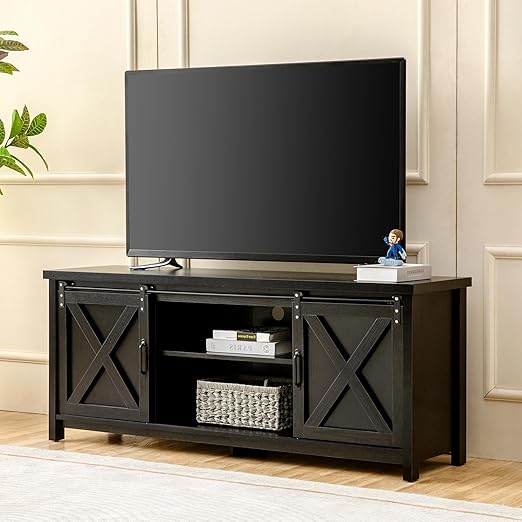 Modern Farmhouse TV Stand with Sliding Barn Doors for TVs up to 65 Inches