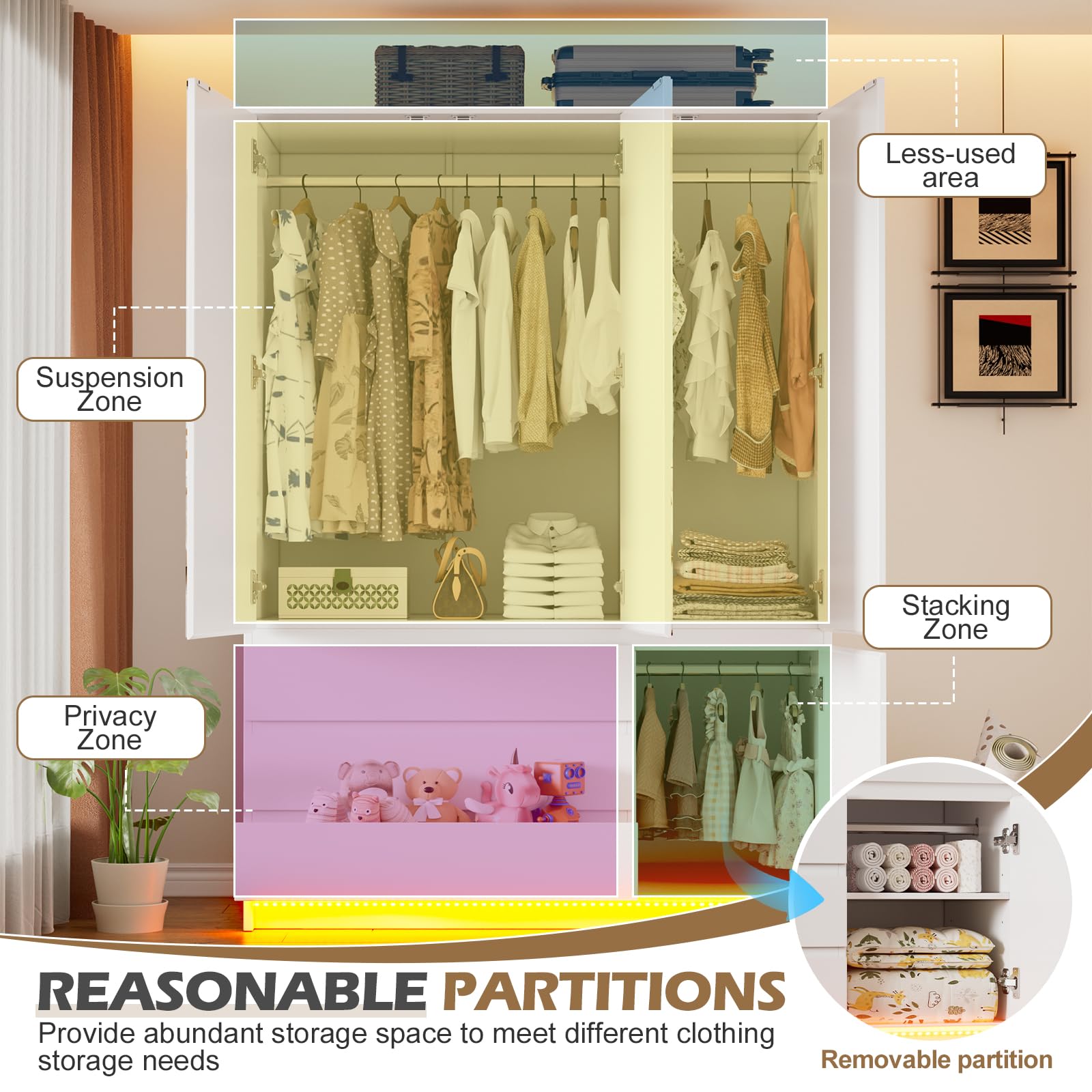 3-Door Armoire Wardrobe with Mirror and LED Lights