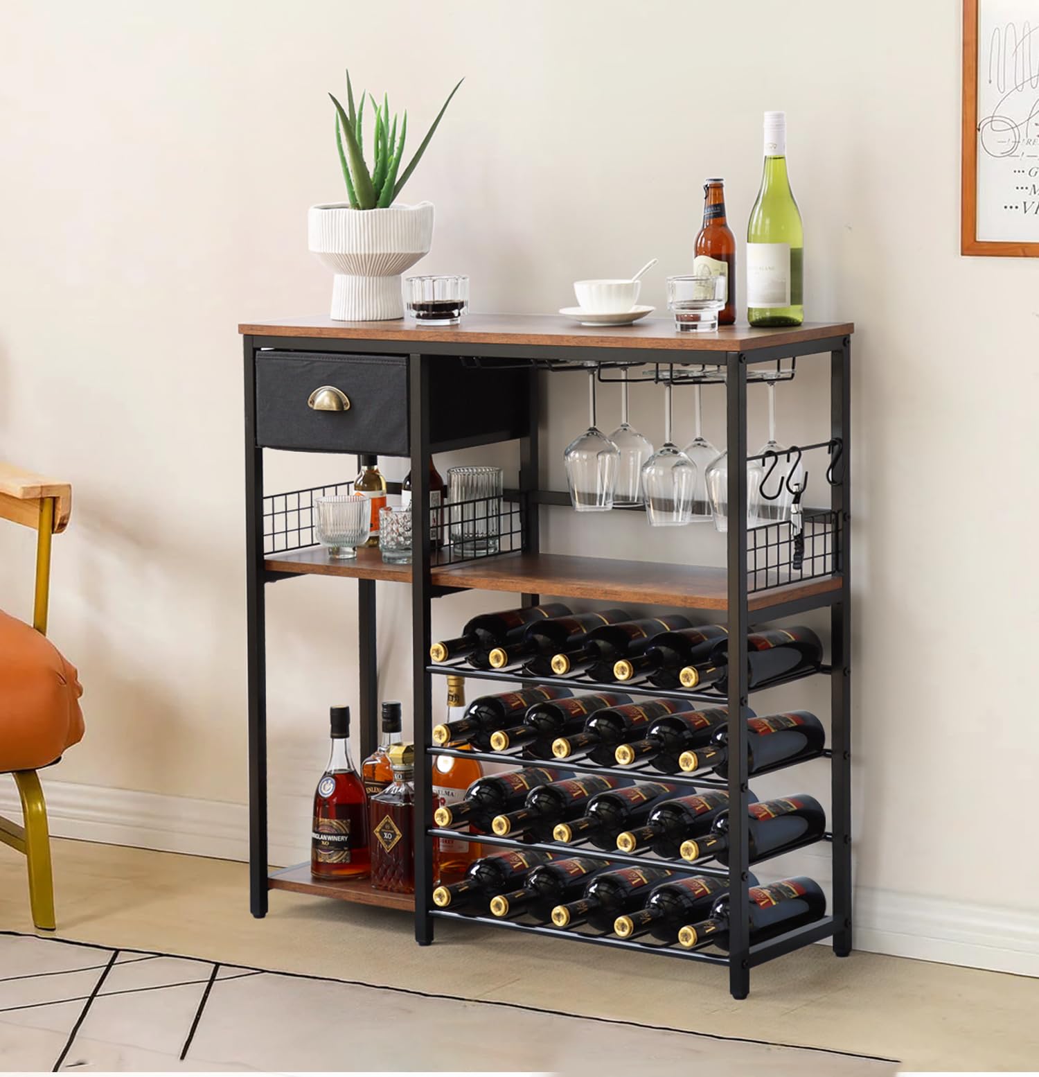 5-Tier Wood Wine Rack with Glass Holder