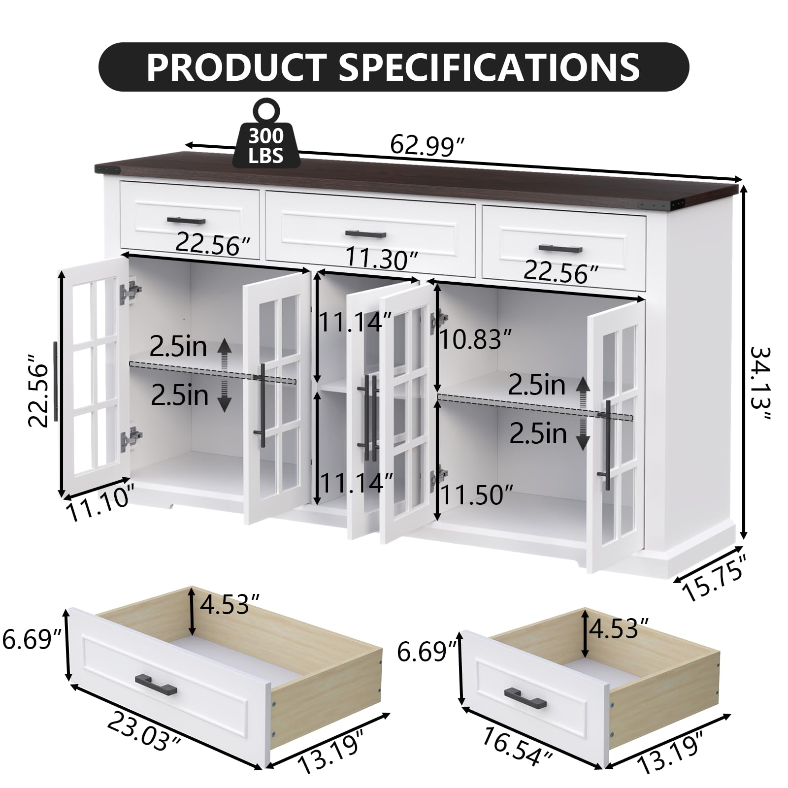63" Sideboard Buffet Cabinet with Glass Doors