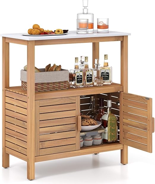 Acacia Wood Patio Storage Cabinet with Marble-Like Countertop