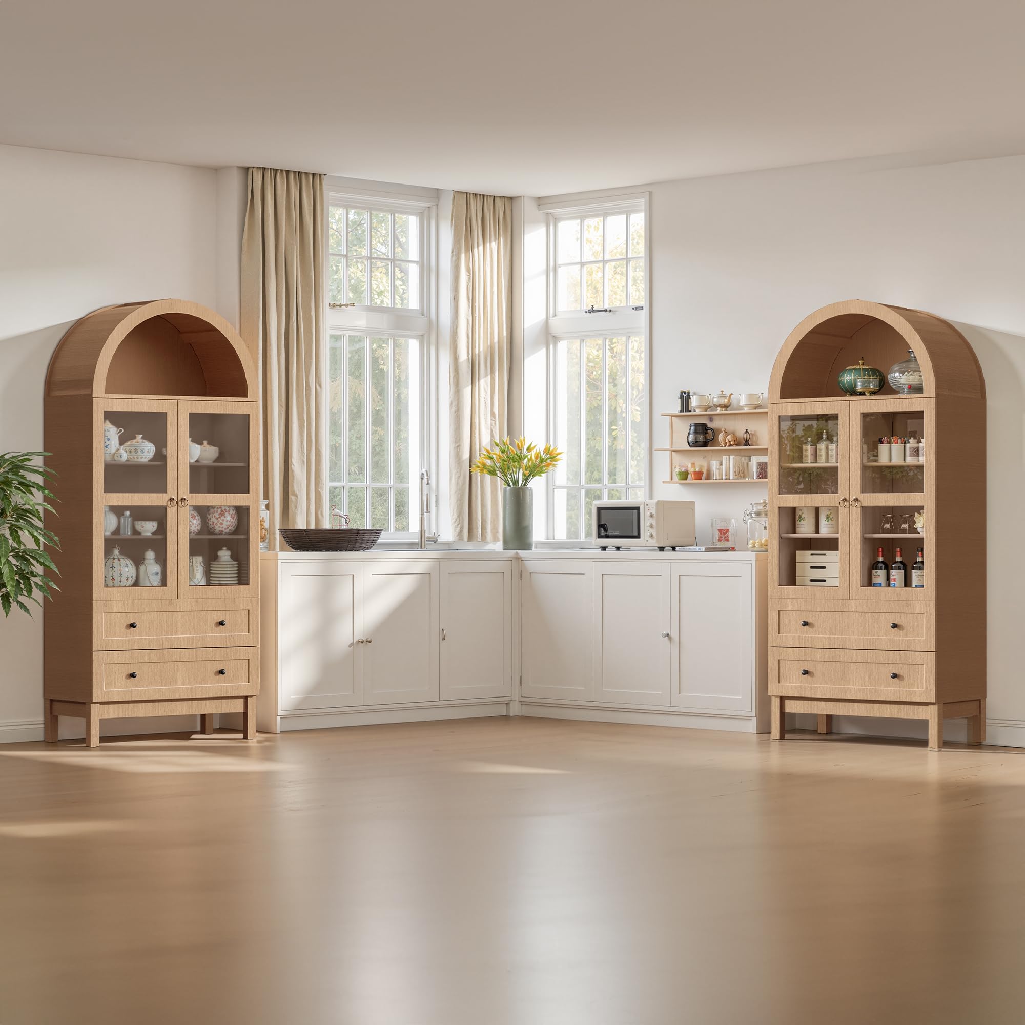 Arched Kitchen Pantry Cabinet with Glass Doors