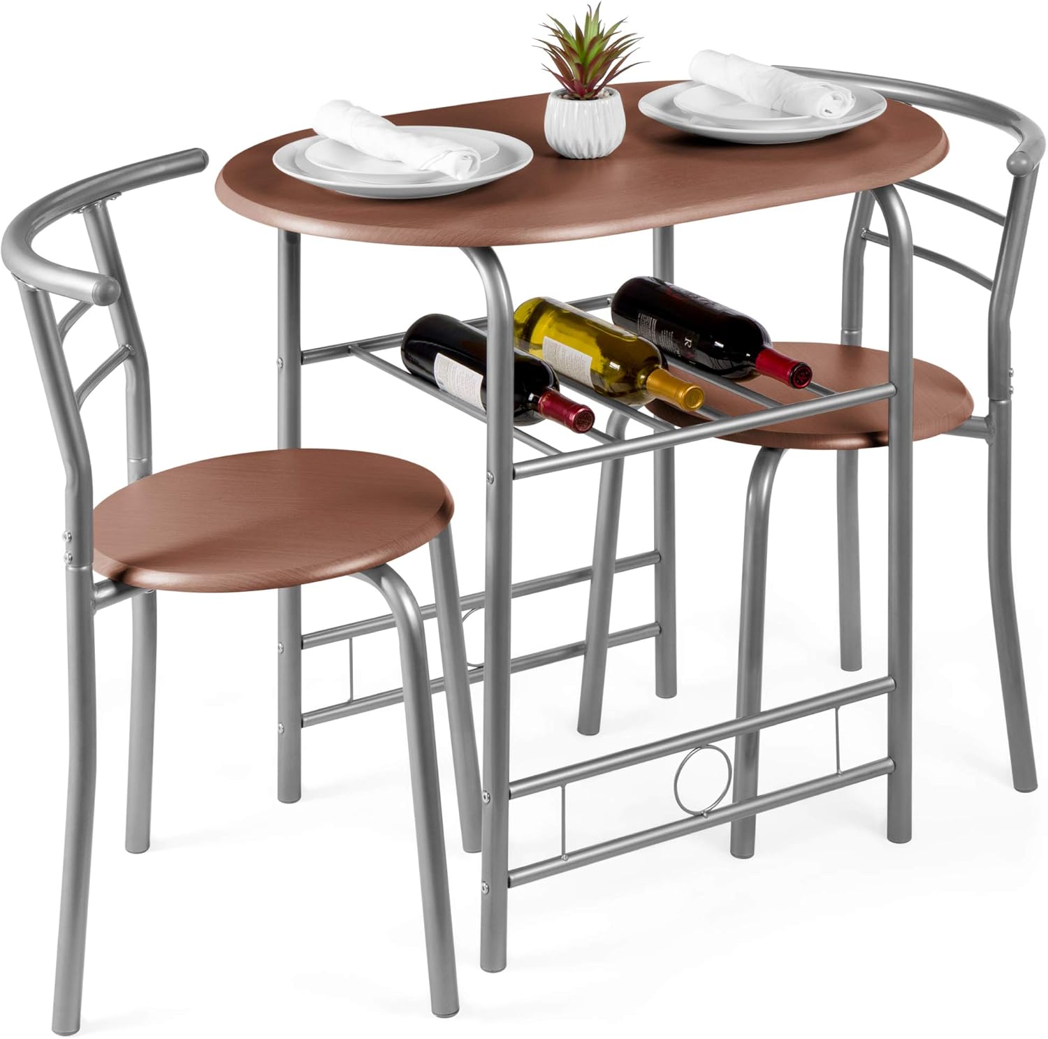 3-Piece Wooden Round Dining Table Set with Wine Rack