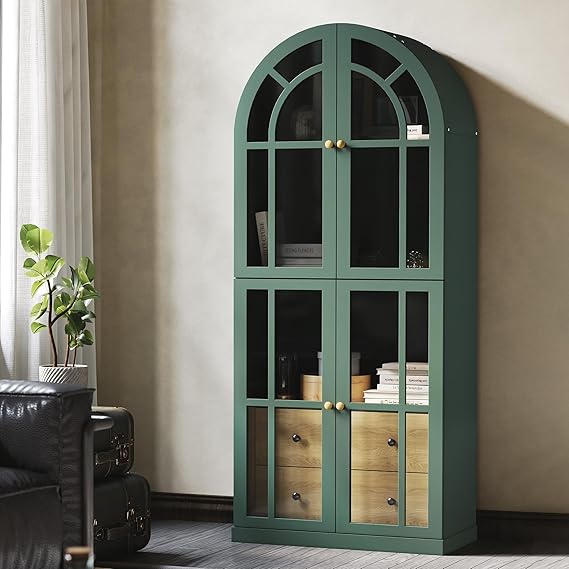 Arched Glass Door Cabinet with Drawers and Shelves