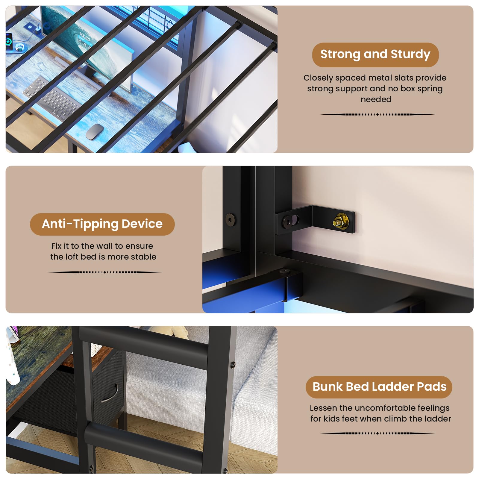 L-Shaped Twin Over Twin Bunk Bed with Desk and LED Lights