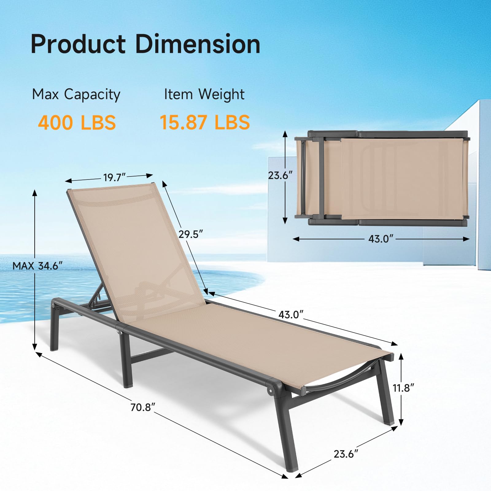 Aluminum Chaise Lounge Chair with 5-Position Adjustable Backrest