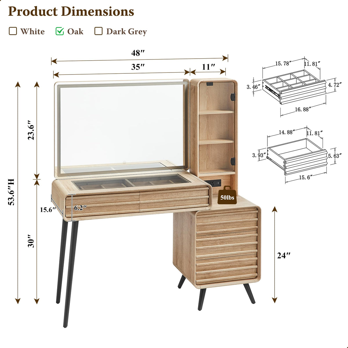 48" Makeup Vanity Desk with Lighted Mirror and Charging Station