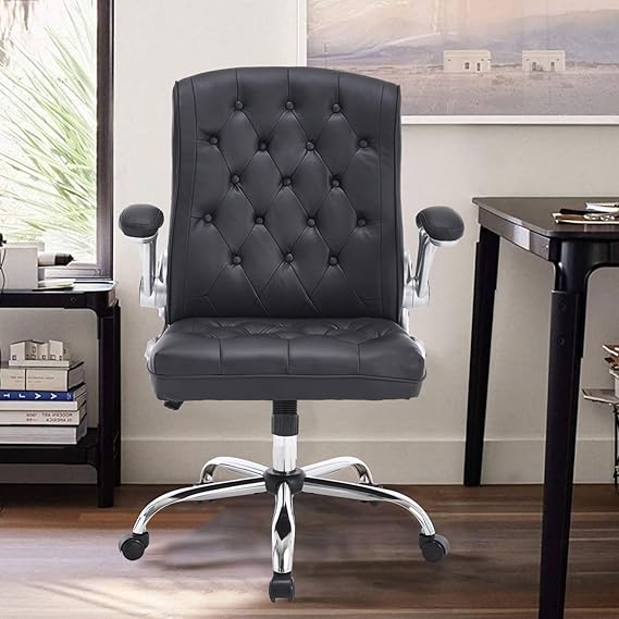 Mid-Back Leather Executive Office Chair with Flip-Up Arms