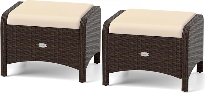 Wicker Outdoor Ottomans Set of 2 with Removable Cushions
