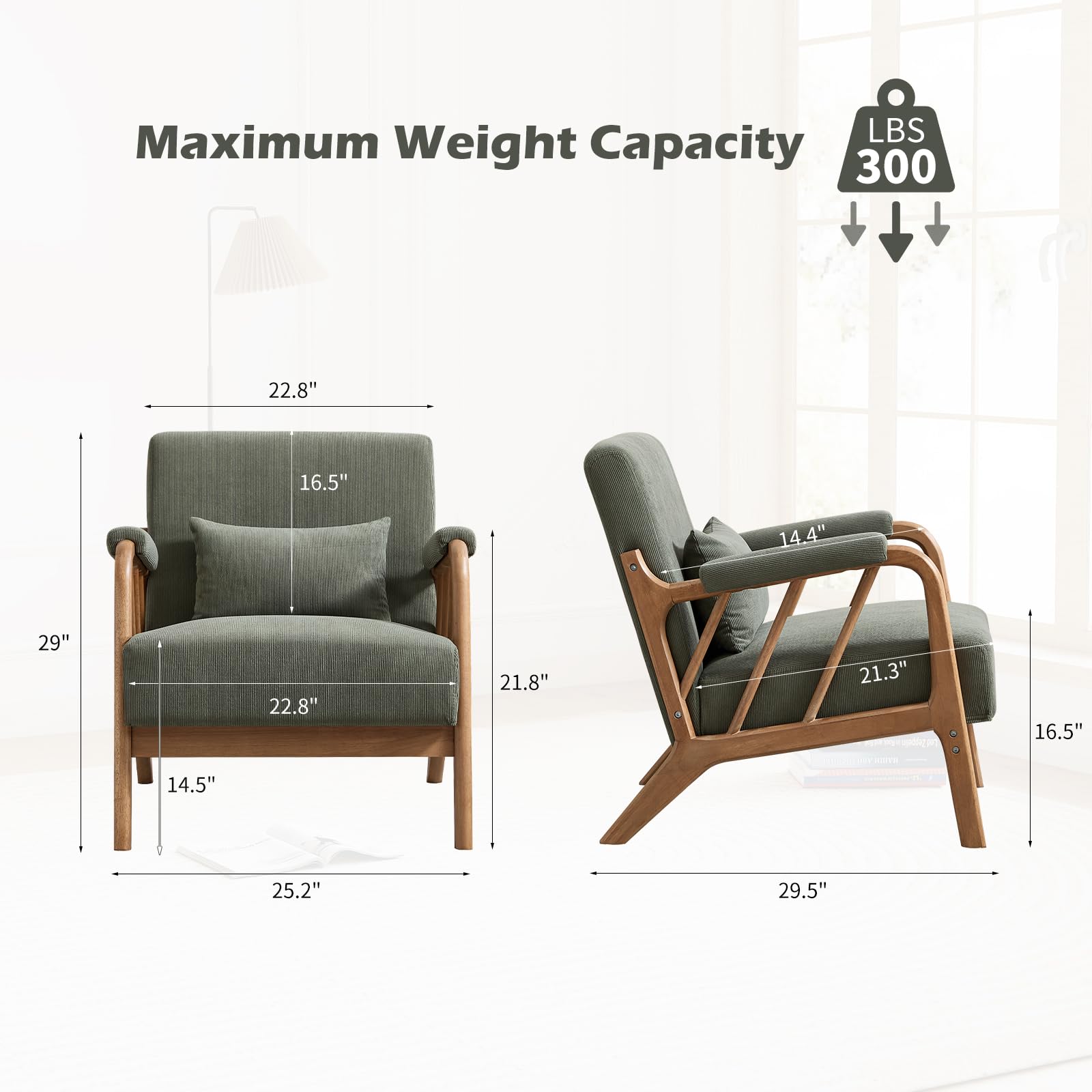 IOMOR Mid Century Modern Accent Chair with Solid Wood Frame, Upholstered Living Room Chairs with Lumbar Cushion Padded Arms, Reading Armchair for Bedroom (1, Olive Green)