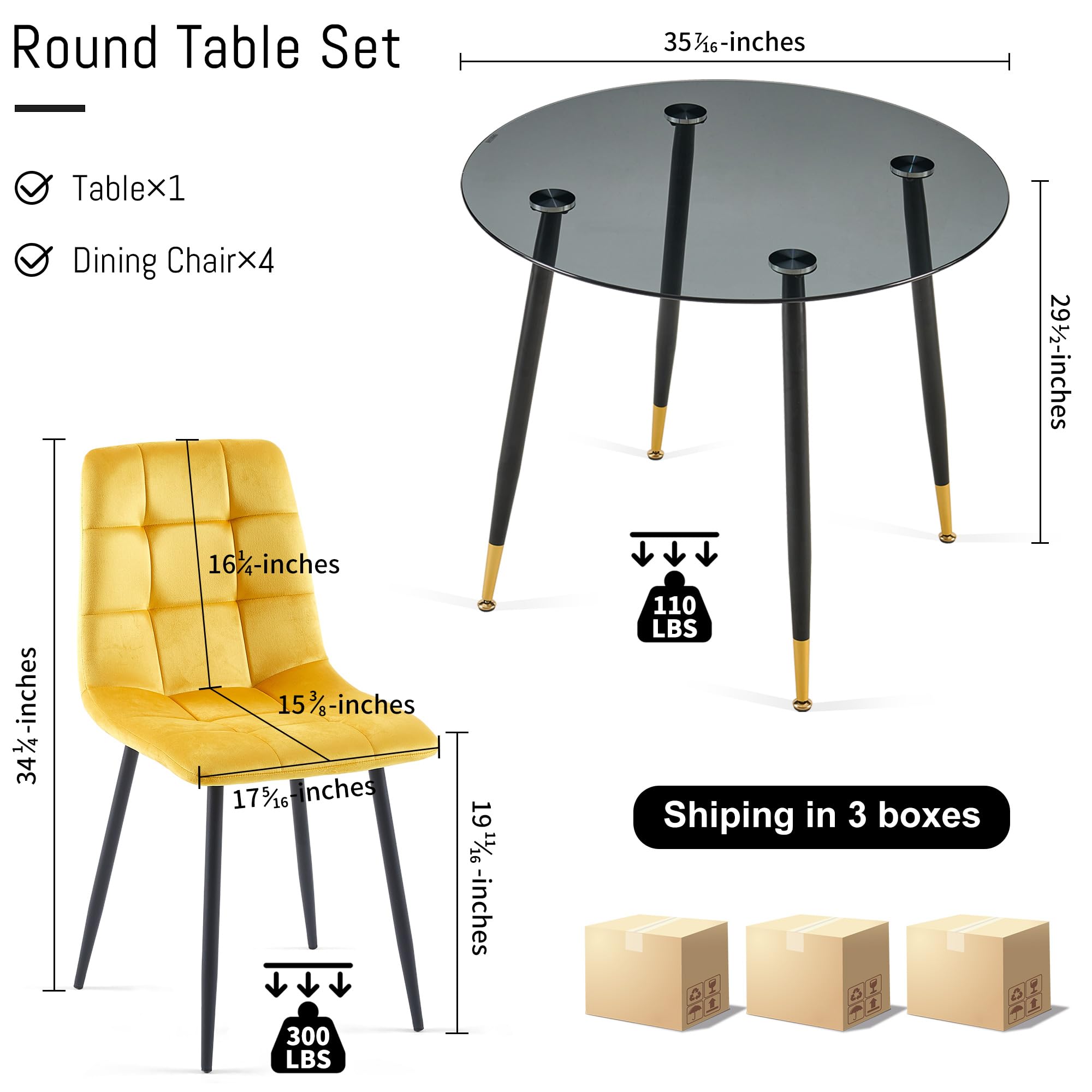 5-Piece Modern Dining Set with Round Tempered Glass Table & Yellow Velvet Chairs