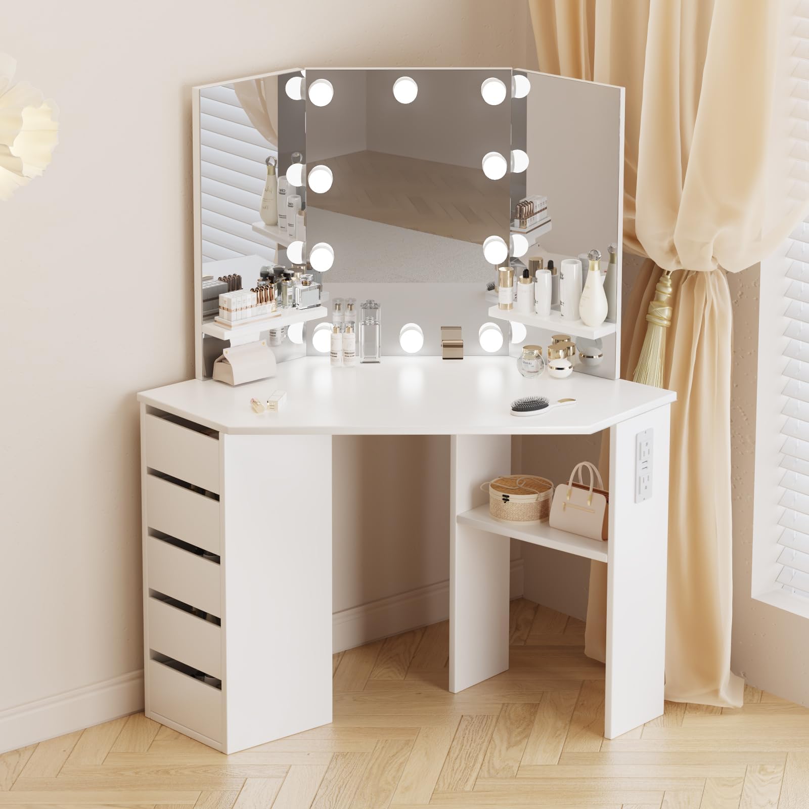 Corner Vanity Desk with Tri-Fold Mirror and Lights