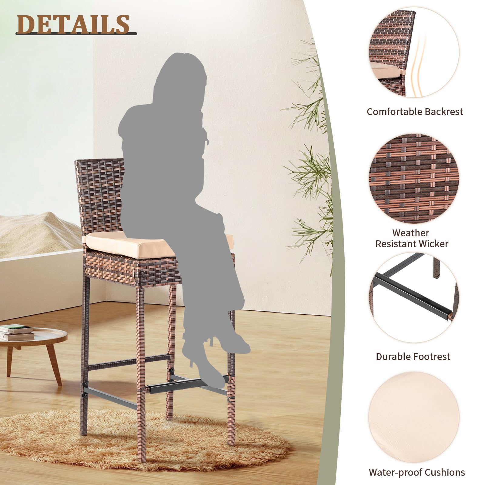 Outdoor Wicker Bar Stool Set of 2 with Cushions