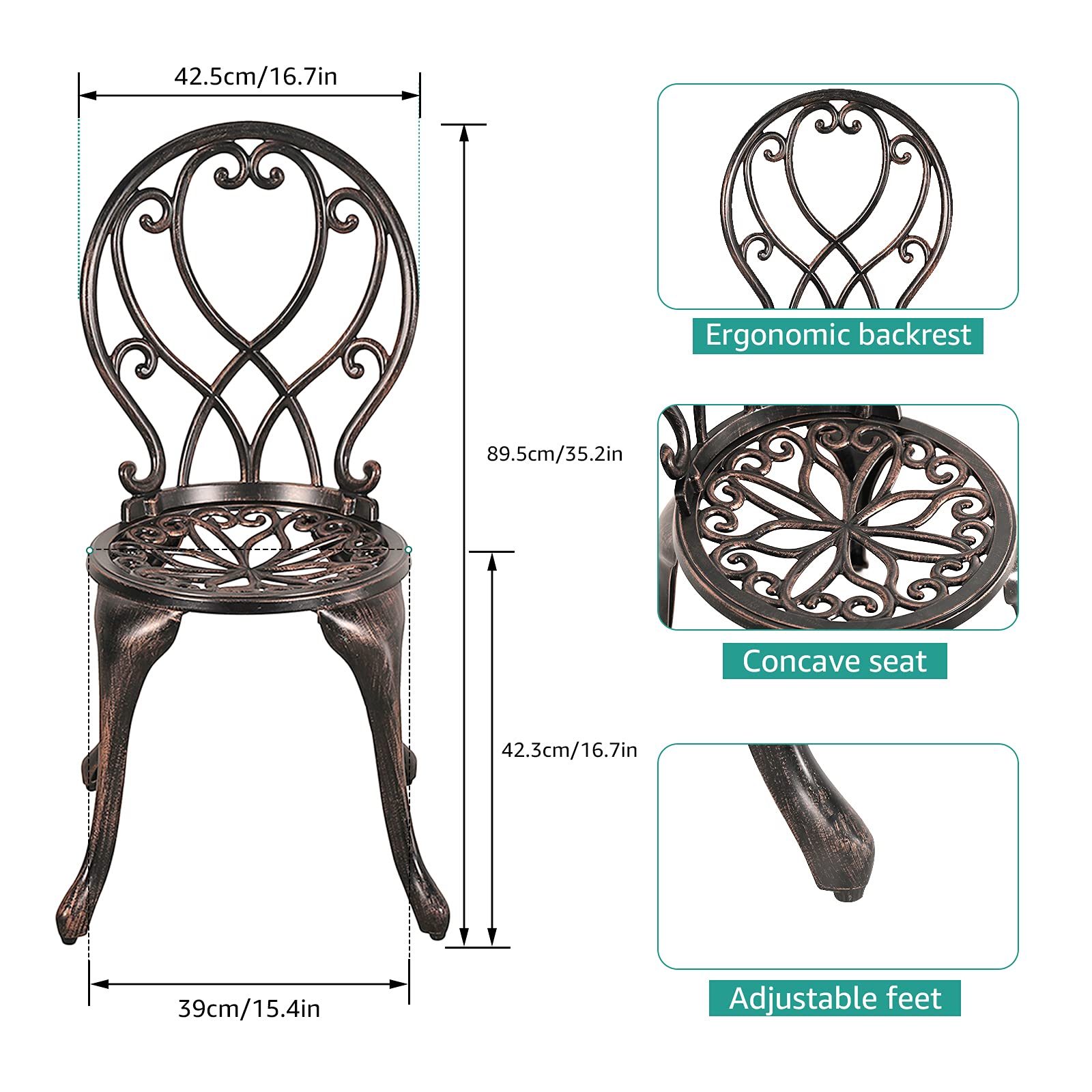 COBANA 3 Piece Outdoor Bistro Set, All Weather Cast Aluminum Patio Dining Retro Table and Chairs with 2’’ Umbrella Hole, Bronze