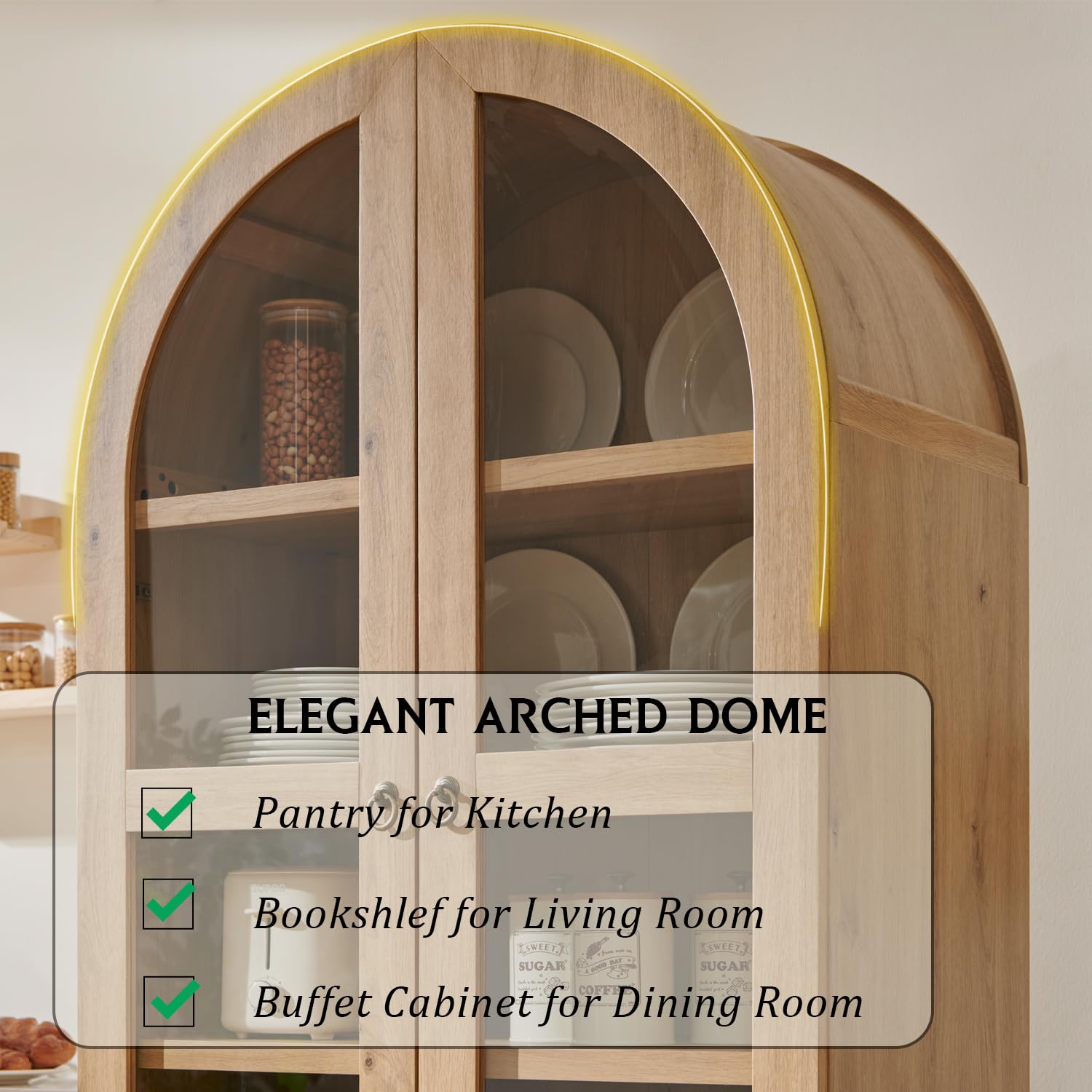 Tall Arched Kitchen Pantry Cabinet with Drawers