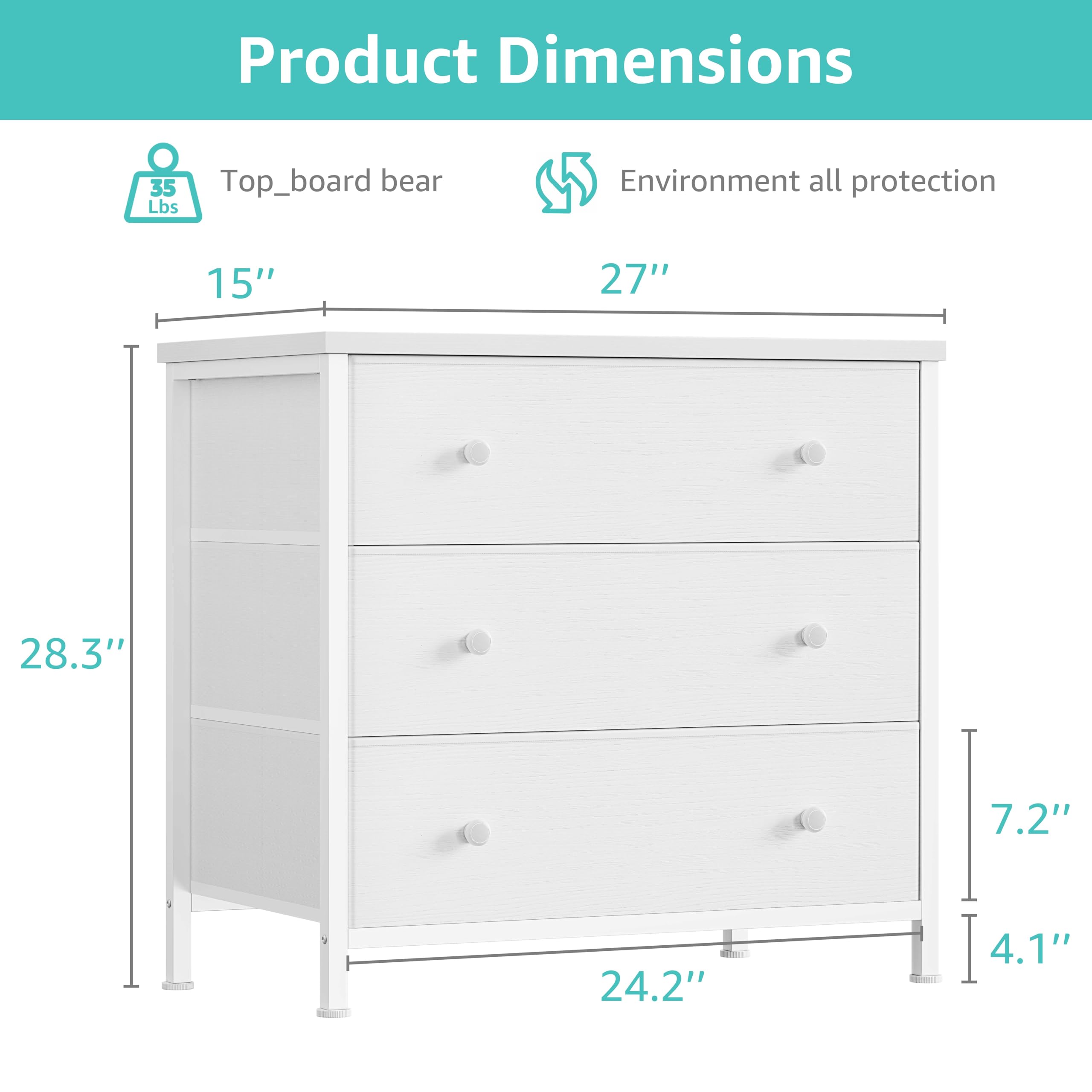 White Nightstand with 3 Fabric Drawers