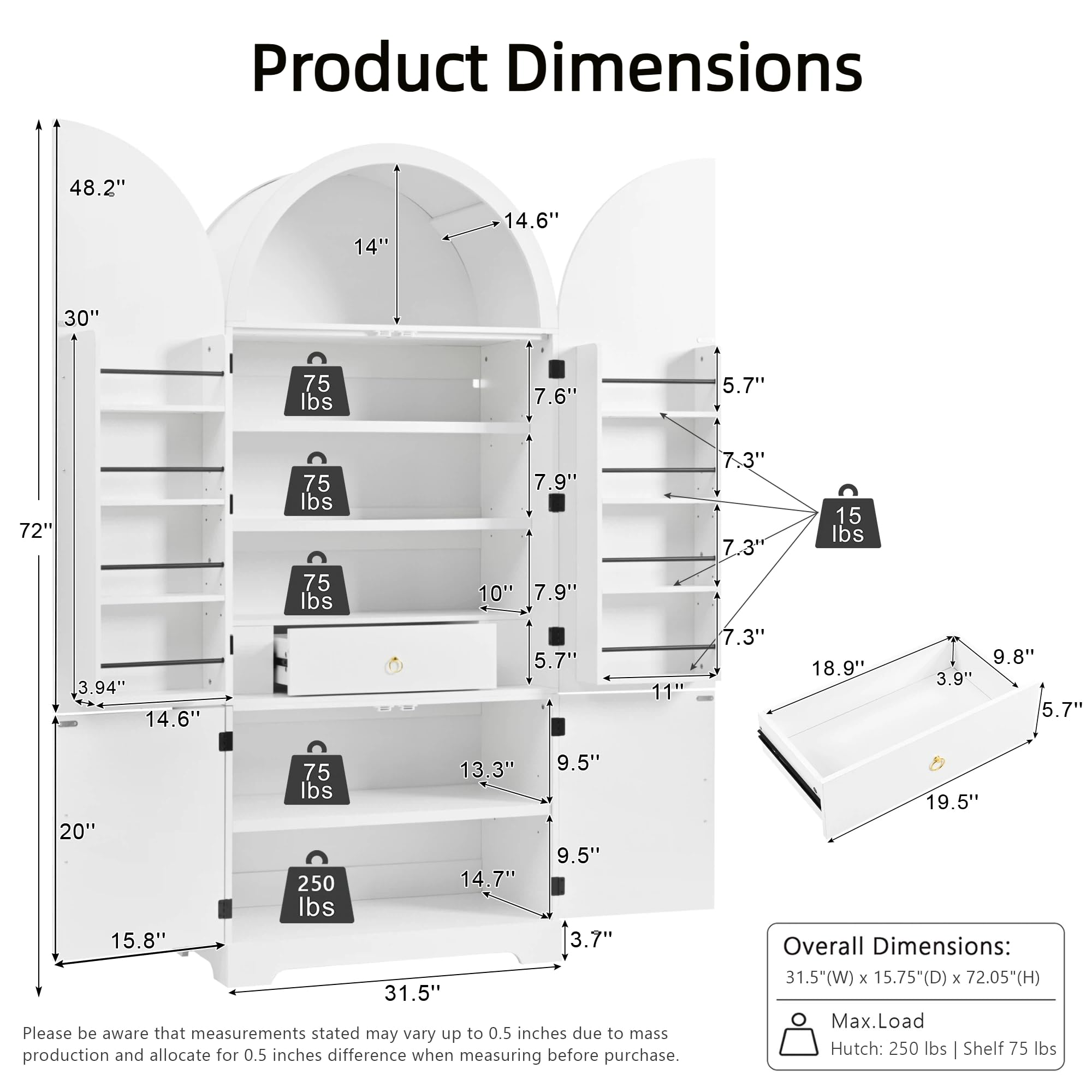 72" Tall Arched Kitchen Pantry Storage Cabinet