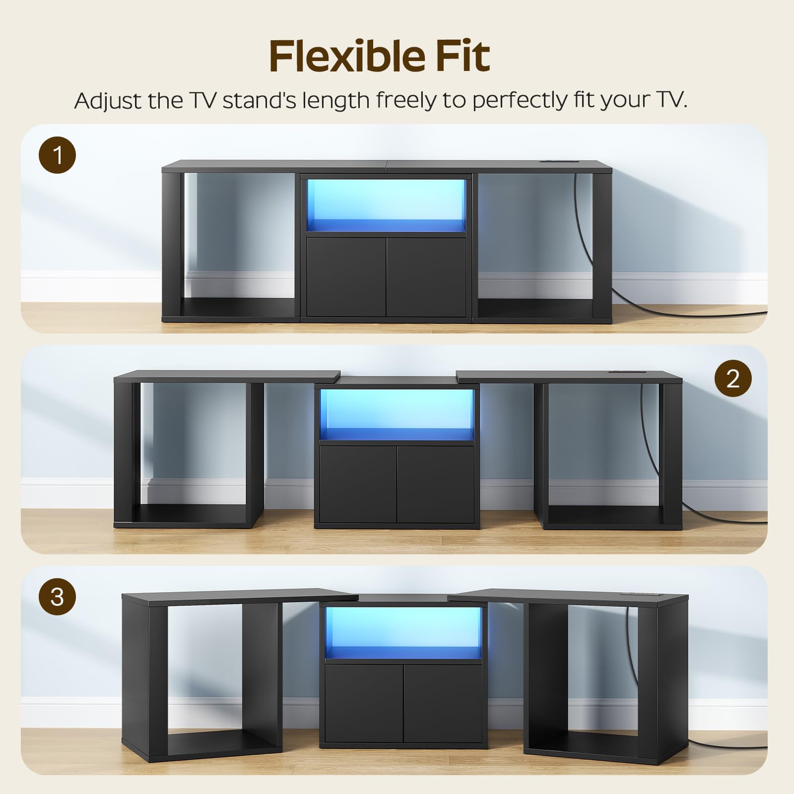 YATINEY TV Stand with Power Outlet and LED Light, Free-Combination TV Media Stand for 65 inch TV, Modern Entertainment Center for Living Room Storage, Black DS09UDBB