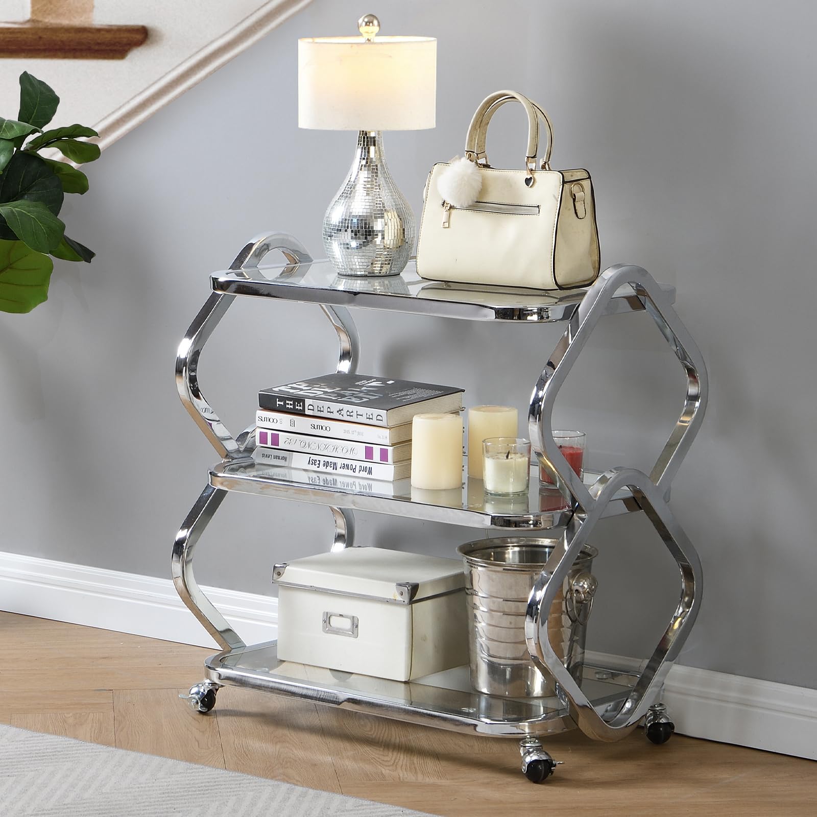 Silver Bar Cart with Wheels and Glass Shelves