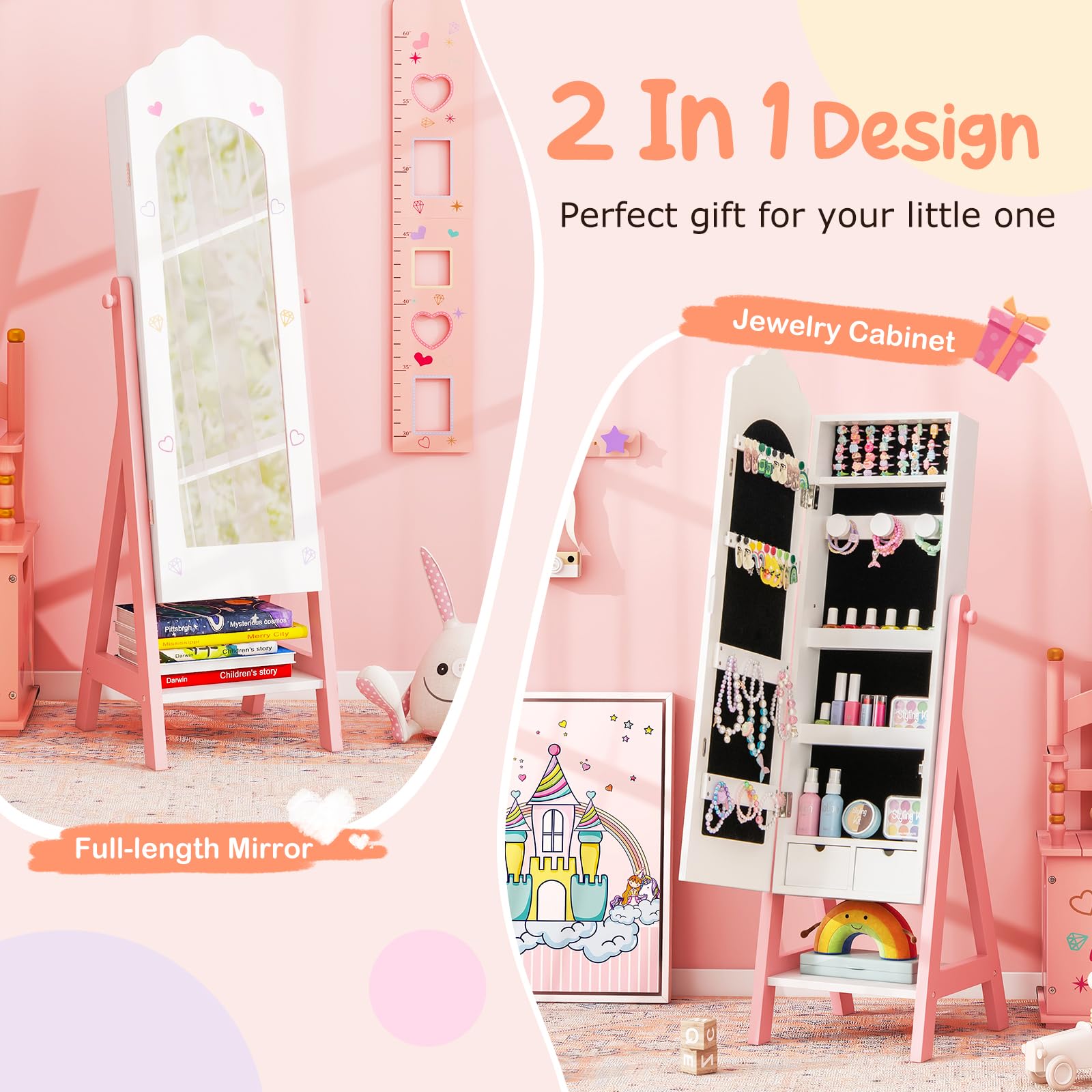 Kids Jewelry Armoire Cabinet with Full-Length Mirror