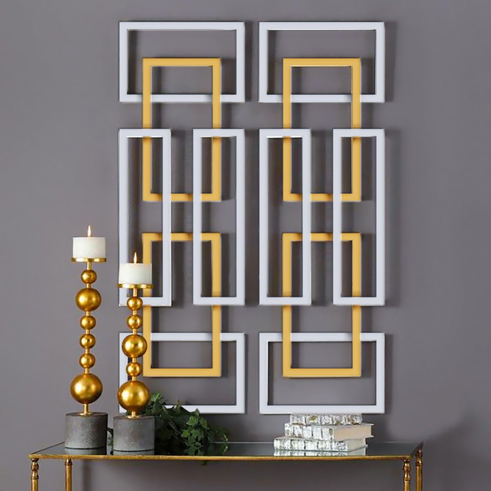 Modern Metal Wall Decor Set of 2 - Abstract 3D Rectangle Sculpture Gold Silver