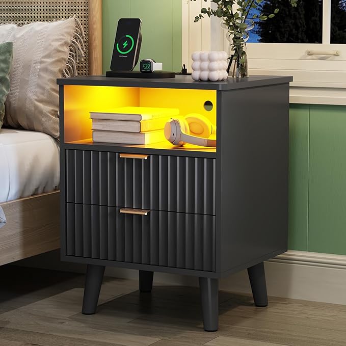 Fluted Nightstand Set with Charging Station & LED Lights