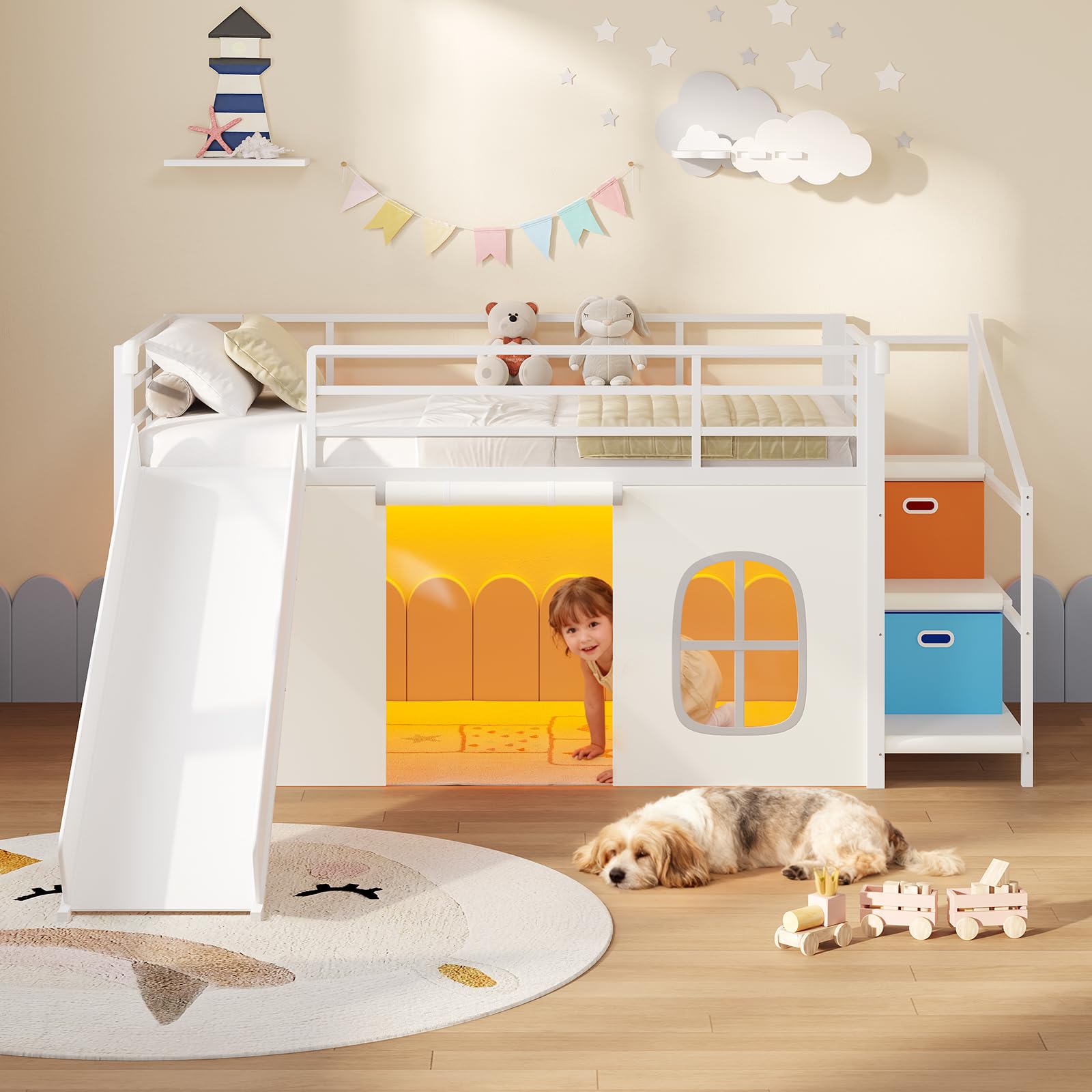 Twin Low Loft Bed with Slide and Storage