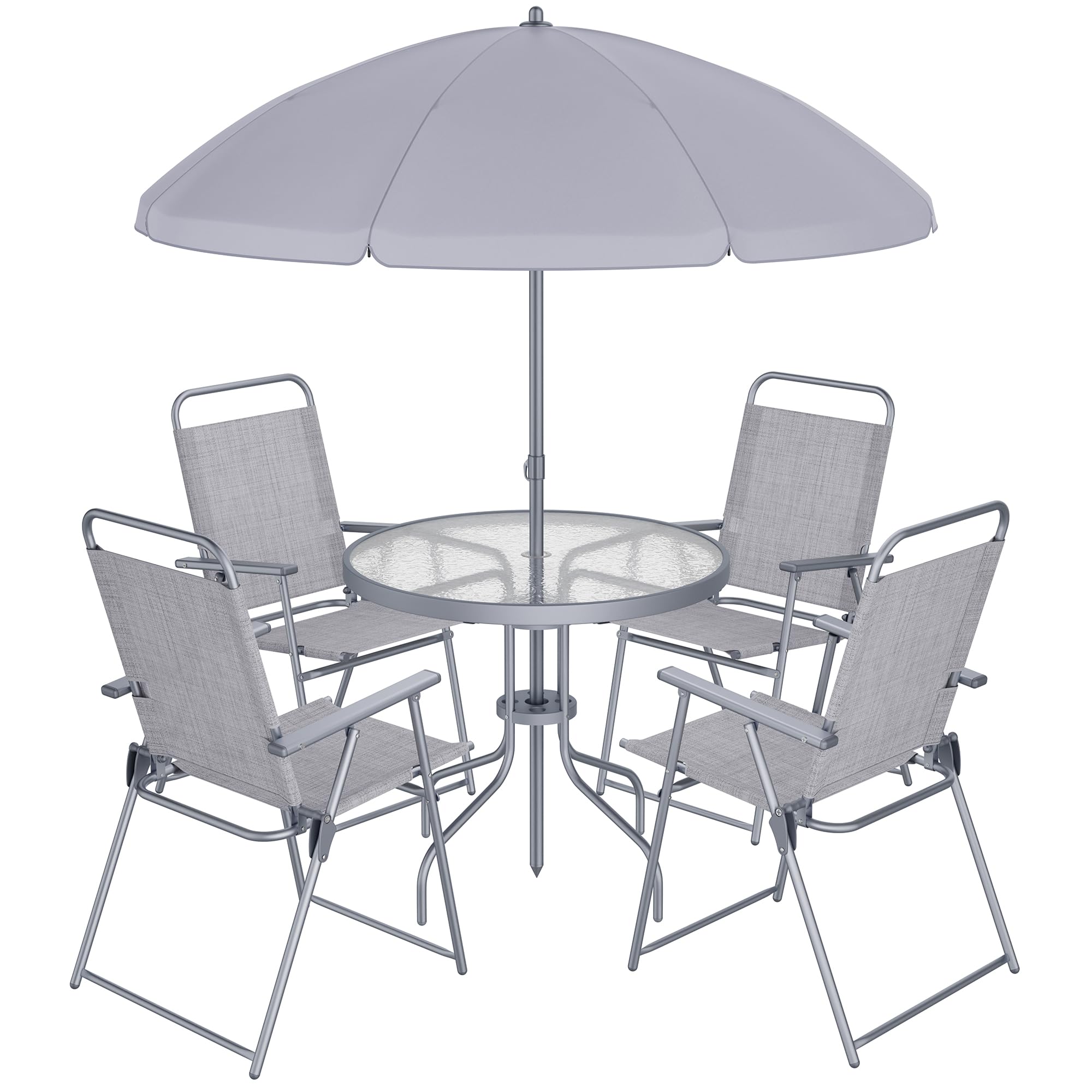 Shintenchi 6 Piece Patio Dining Set with Umbrella, Outdoor Furniture Set with 4 Folding Chairs and Tempered Glass Top Dining Table fot Lawn Backyard Garden Porch, Silver