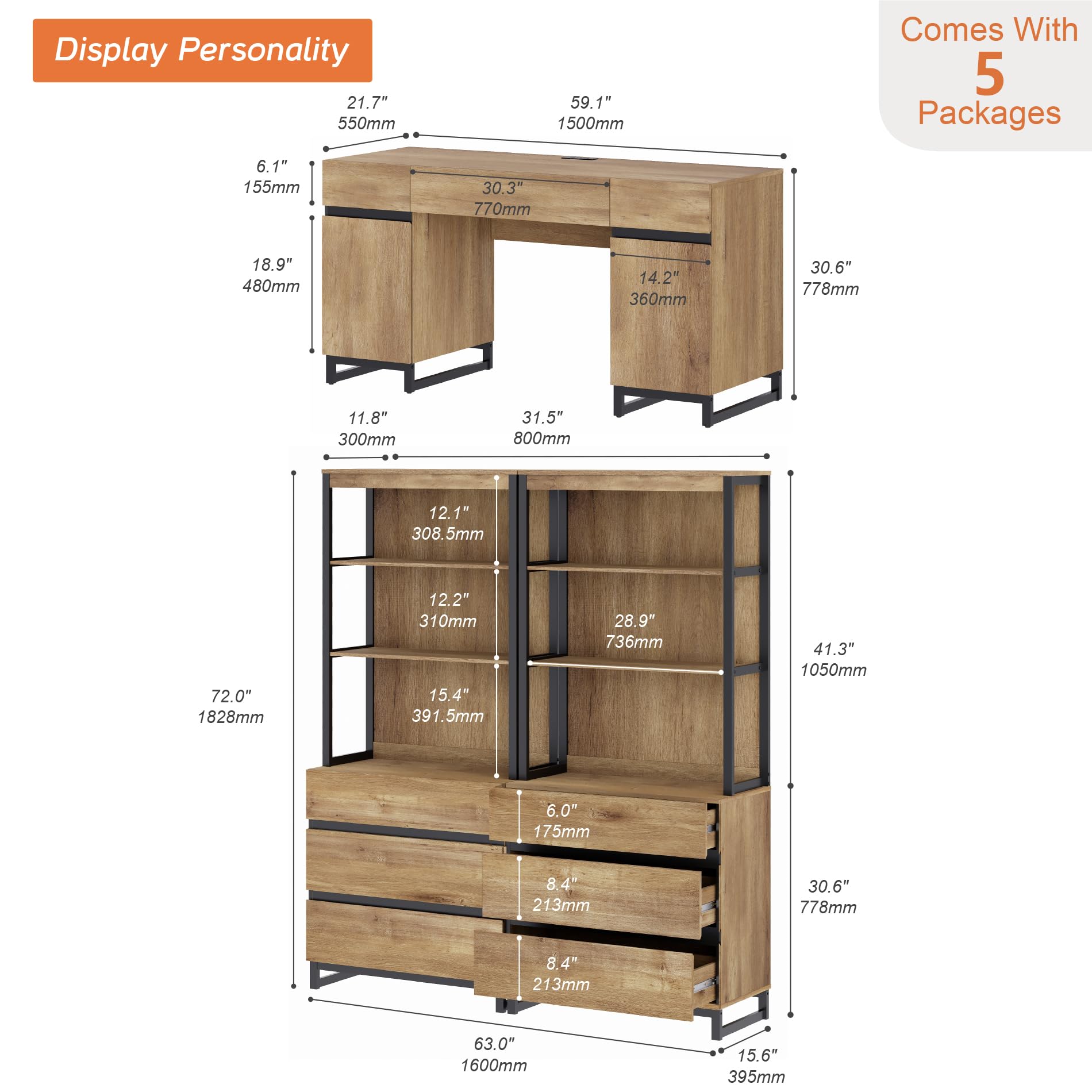 59" Executive Desk with Charging Station & 72" Bookcase Set