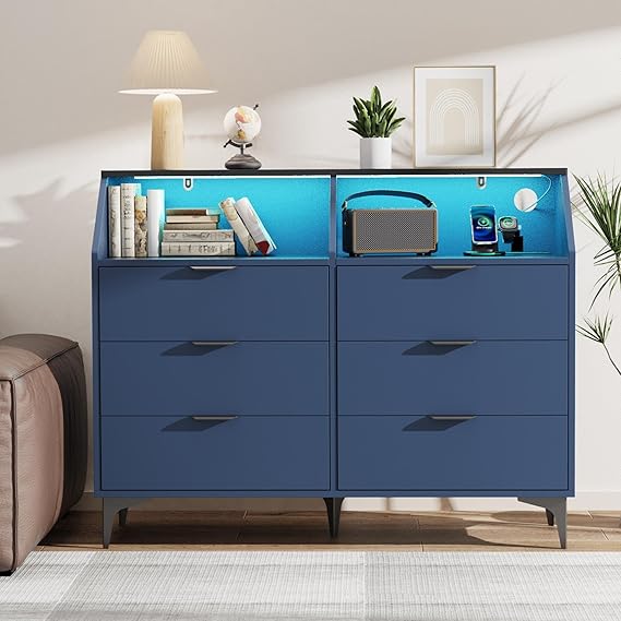 6 Drawer Dresser with LED Light and Charging Station