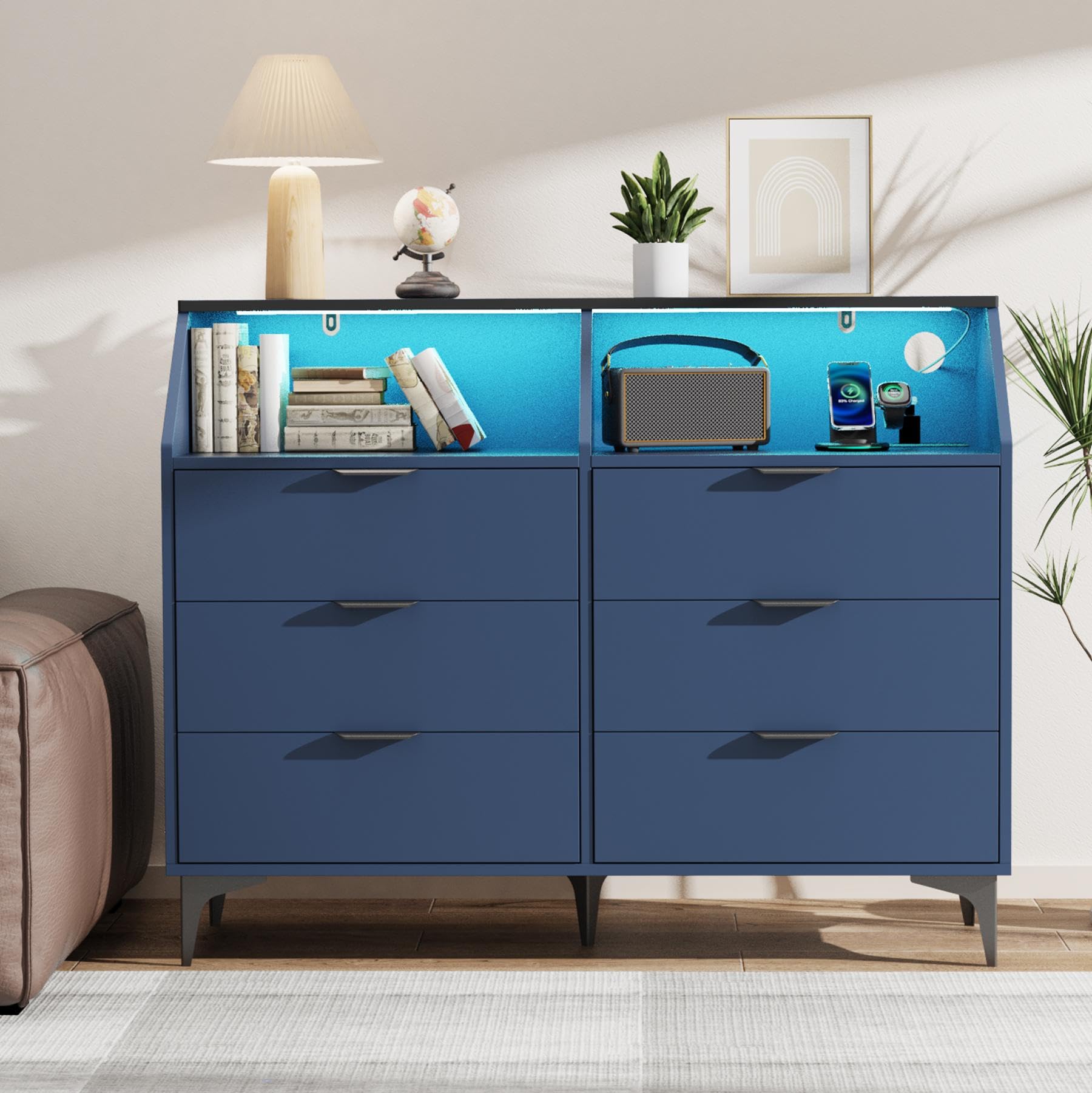 6 Drawer Dresser with LED Light and Charging Station
