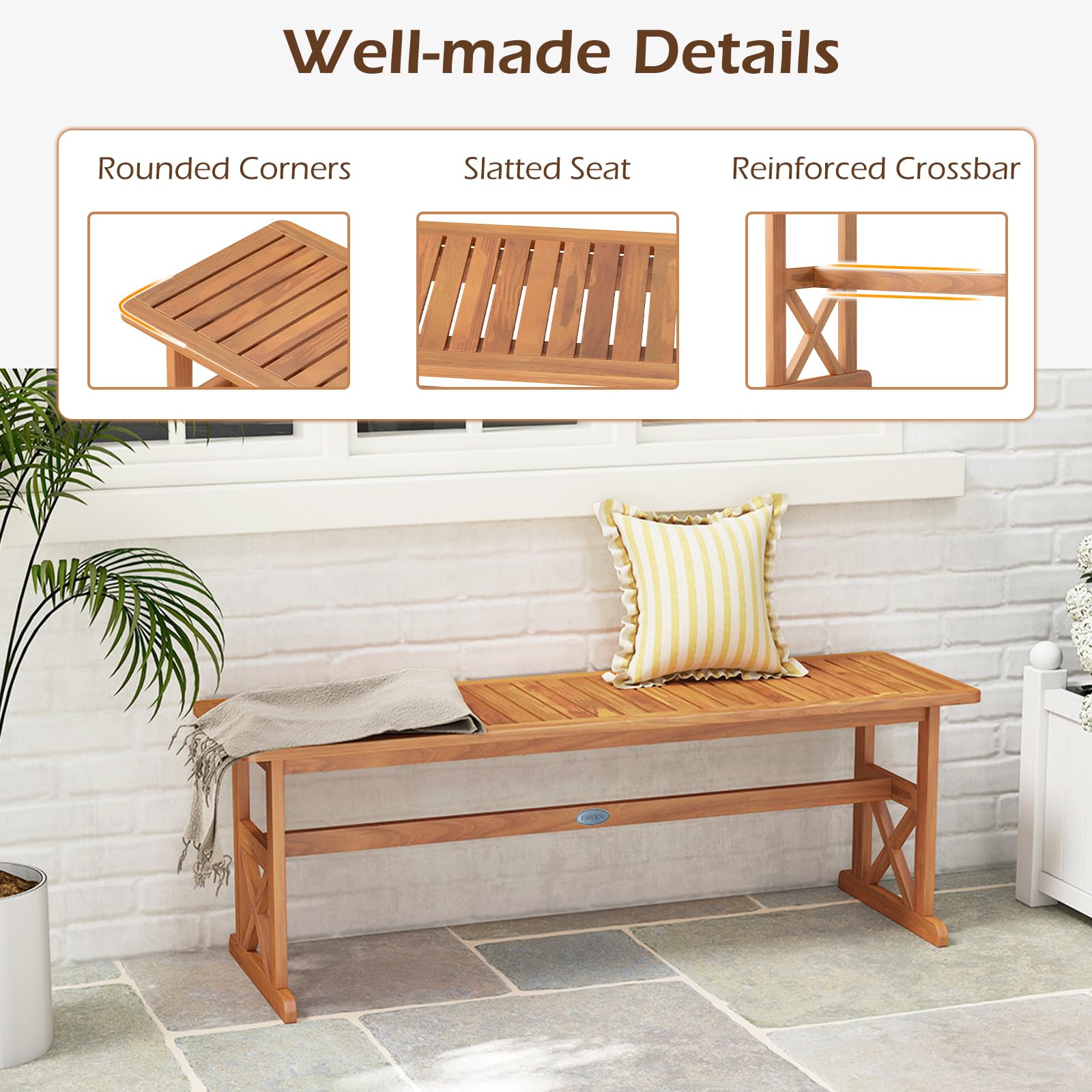Acacia Wood Outdoor Bench Backless Patio Dining Seat