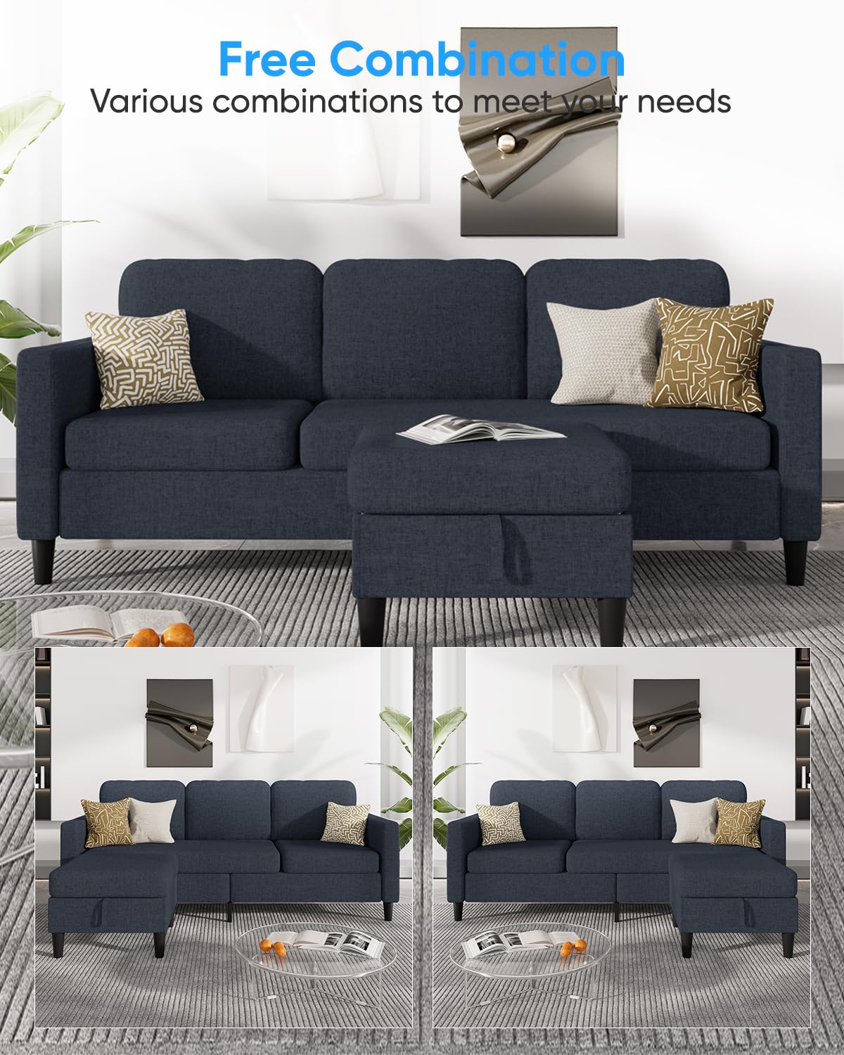 76 Inch L Shaped Sectional Sofa with Storage Ottoman