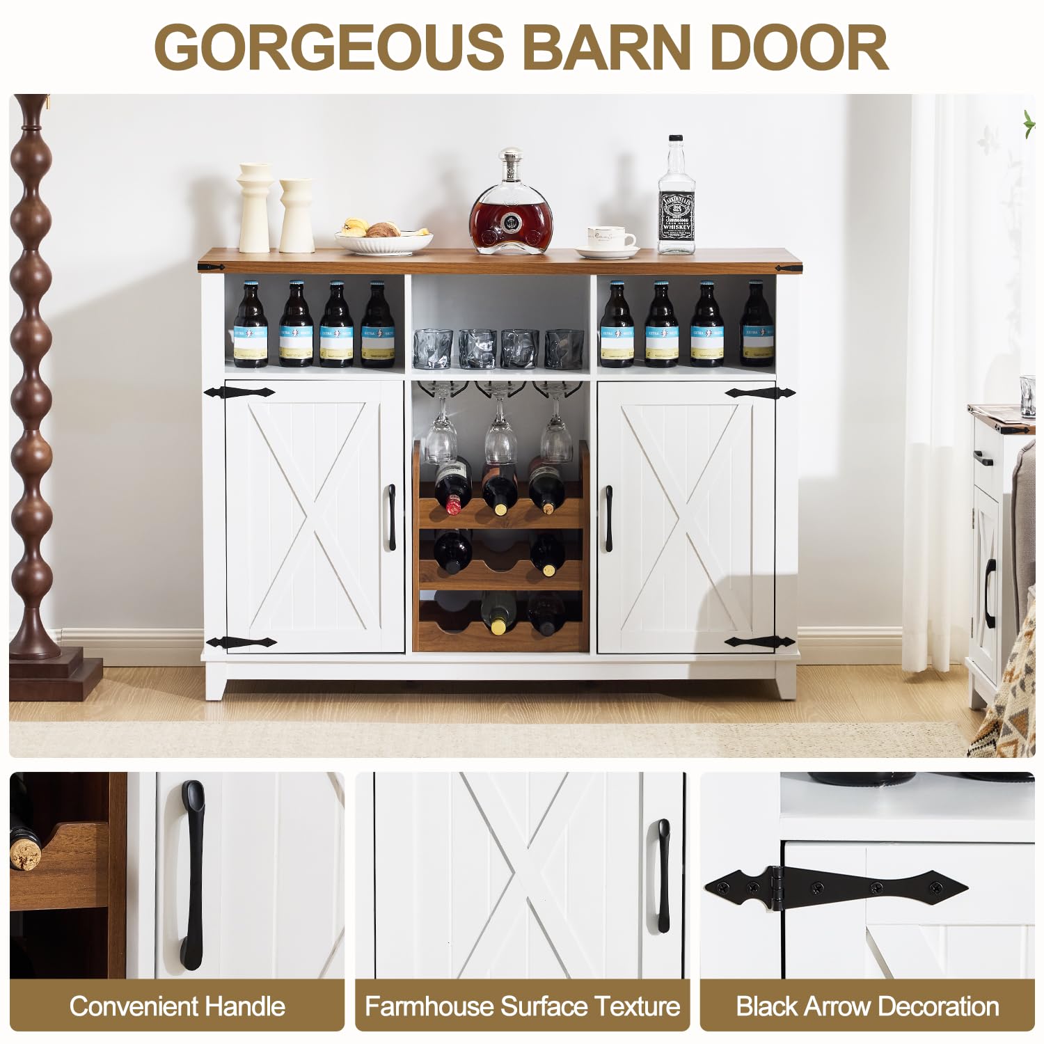 Farmhouse Wine Bar Cabinet with Detachable Wine Rack