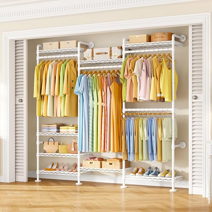 Wall Mounted Clothes Rack with 8 Shelves and 4 Hanger Rods