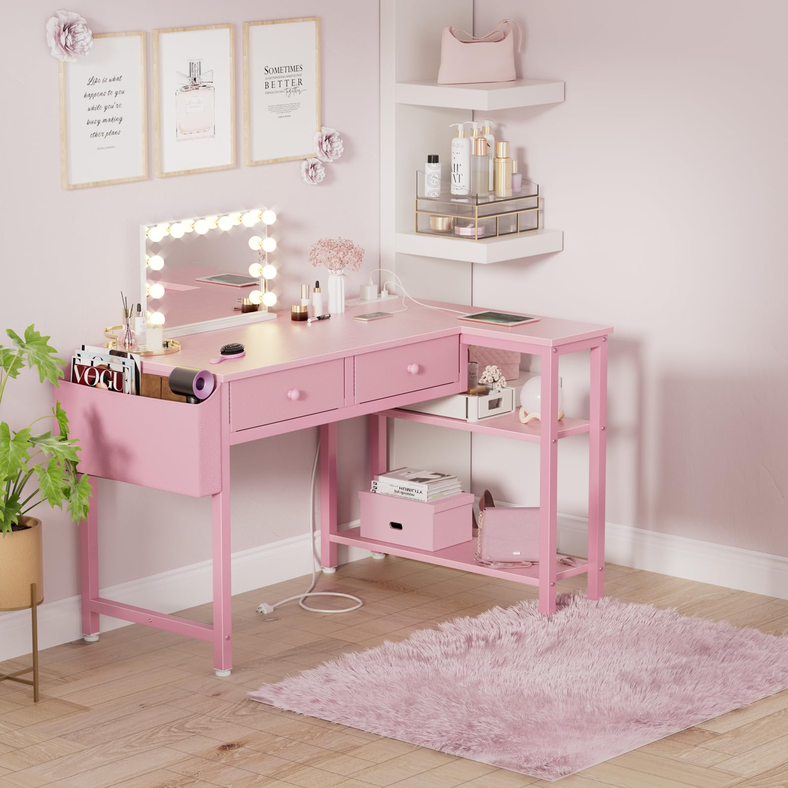 Pink Reversible L-Shaped Desk with Drawers and Shelves