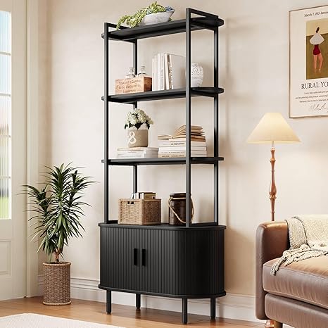 71" Tall Fluted Bookshelf with Sliding Tambour Doors