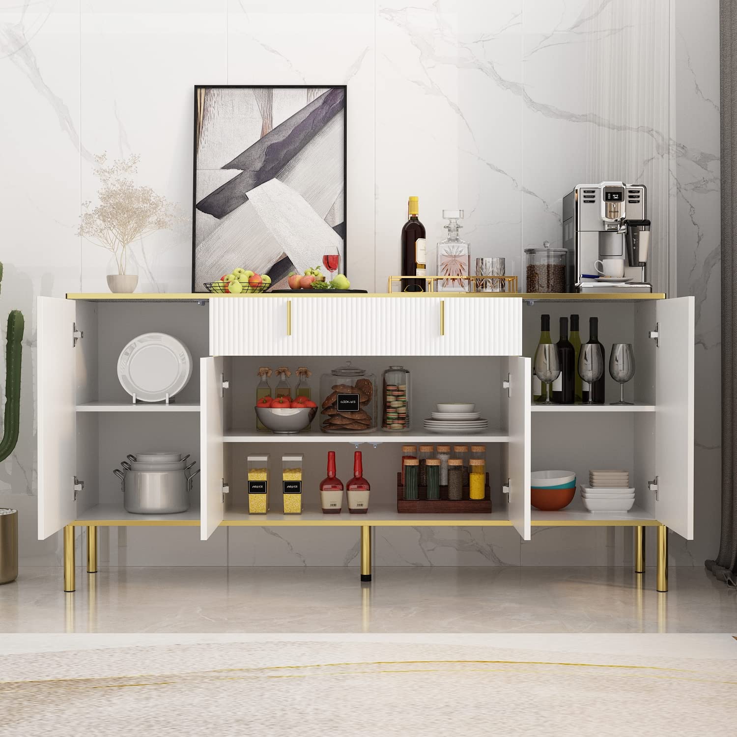 63" Buffet Sideboard Console Table with Drawer and Glass Doors