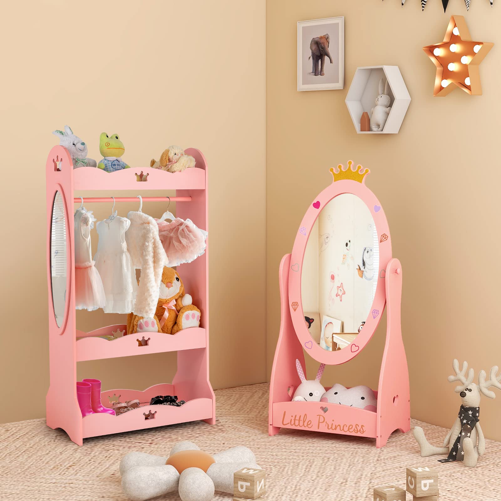 Kids Princess Floor Mirror with Storage Shelf