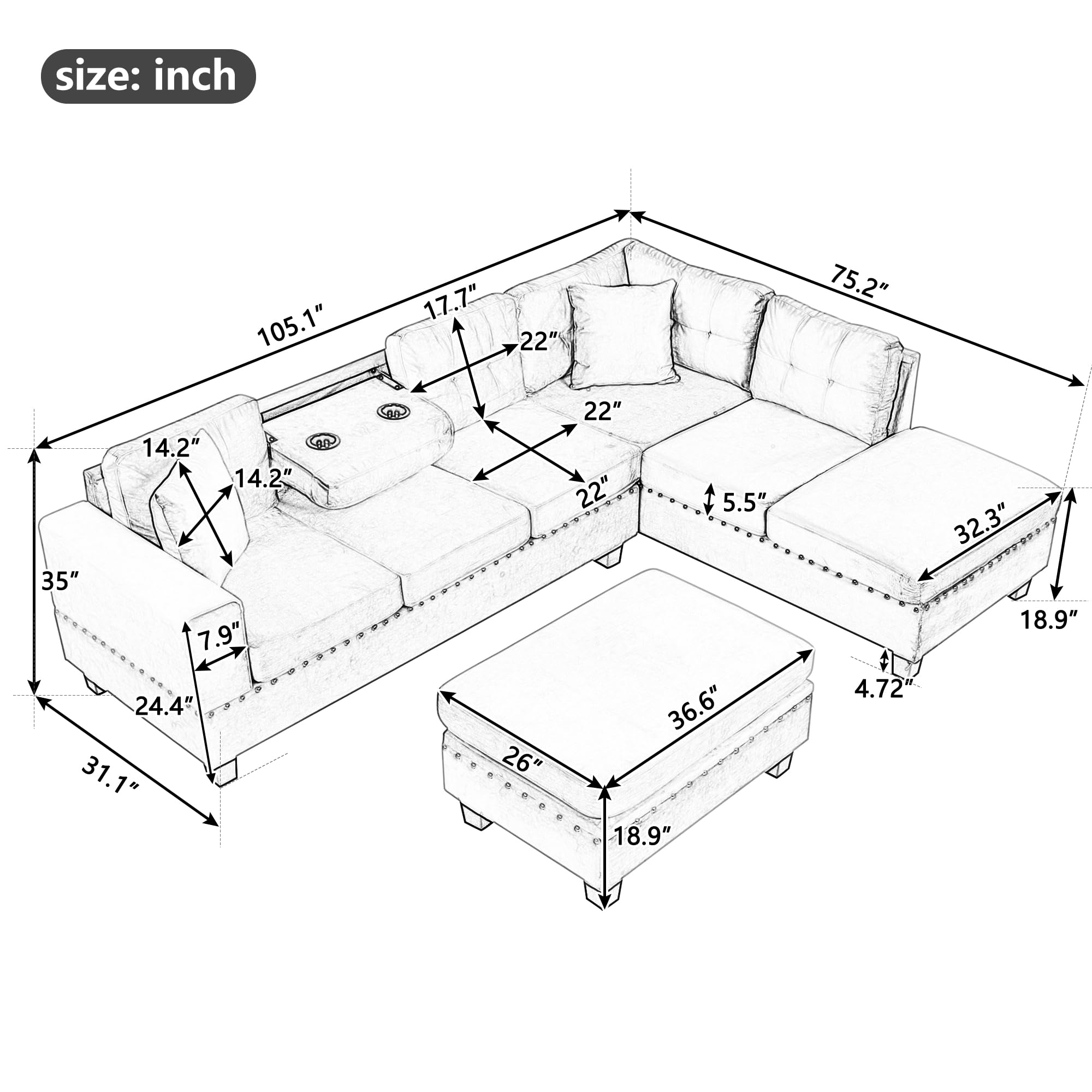 Modern L-Shaped Sectional Sofa with Storage Ottoman