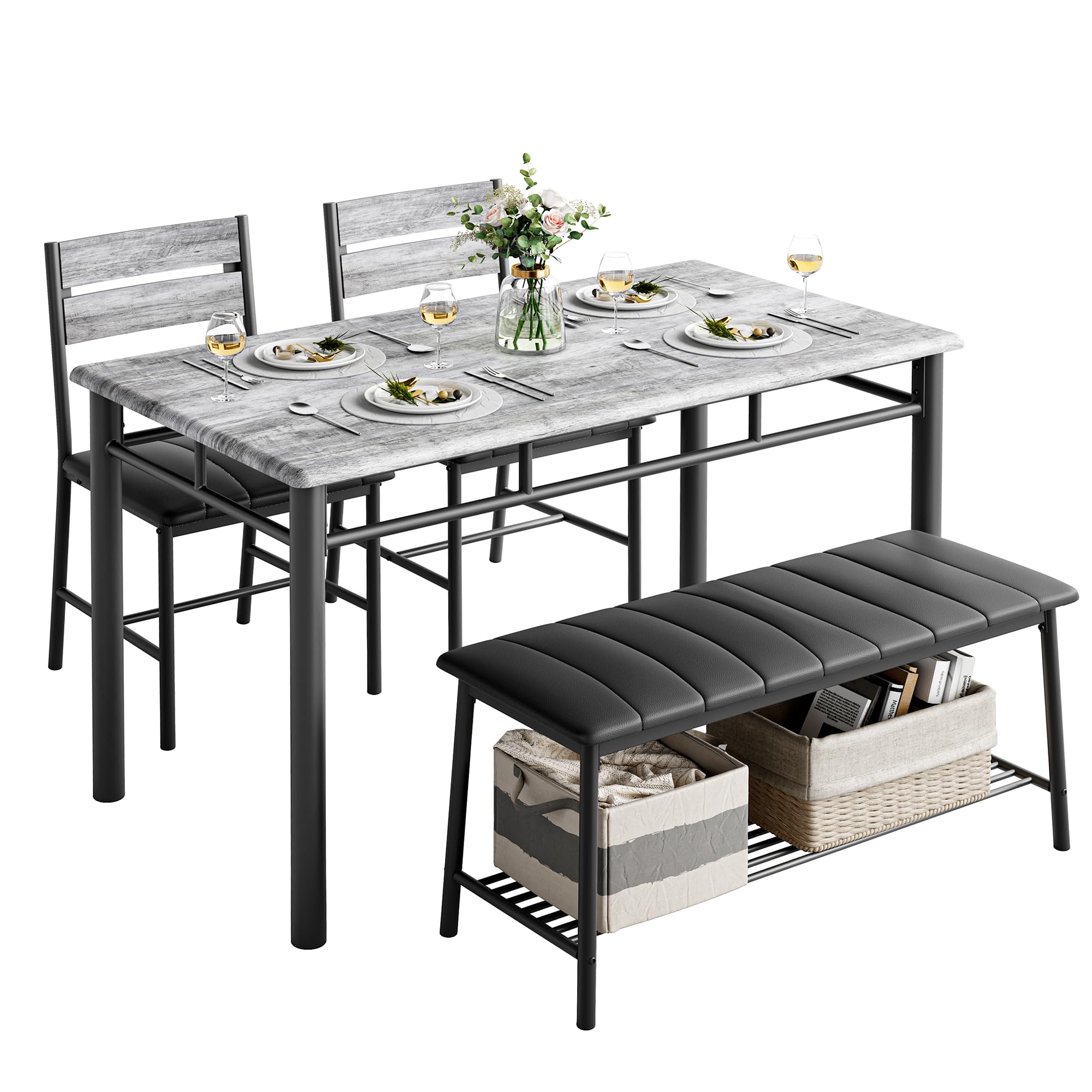 4-Piece Dining Table Set with Upholstered Bench